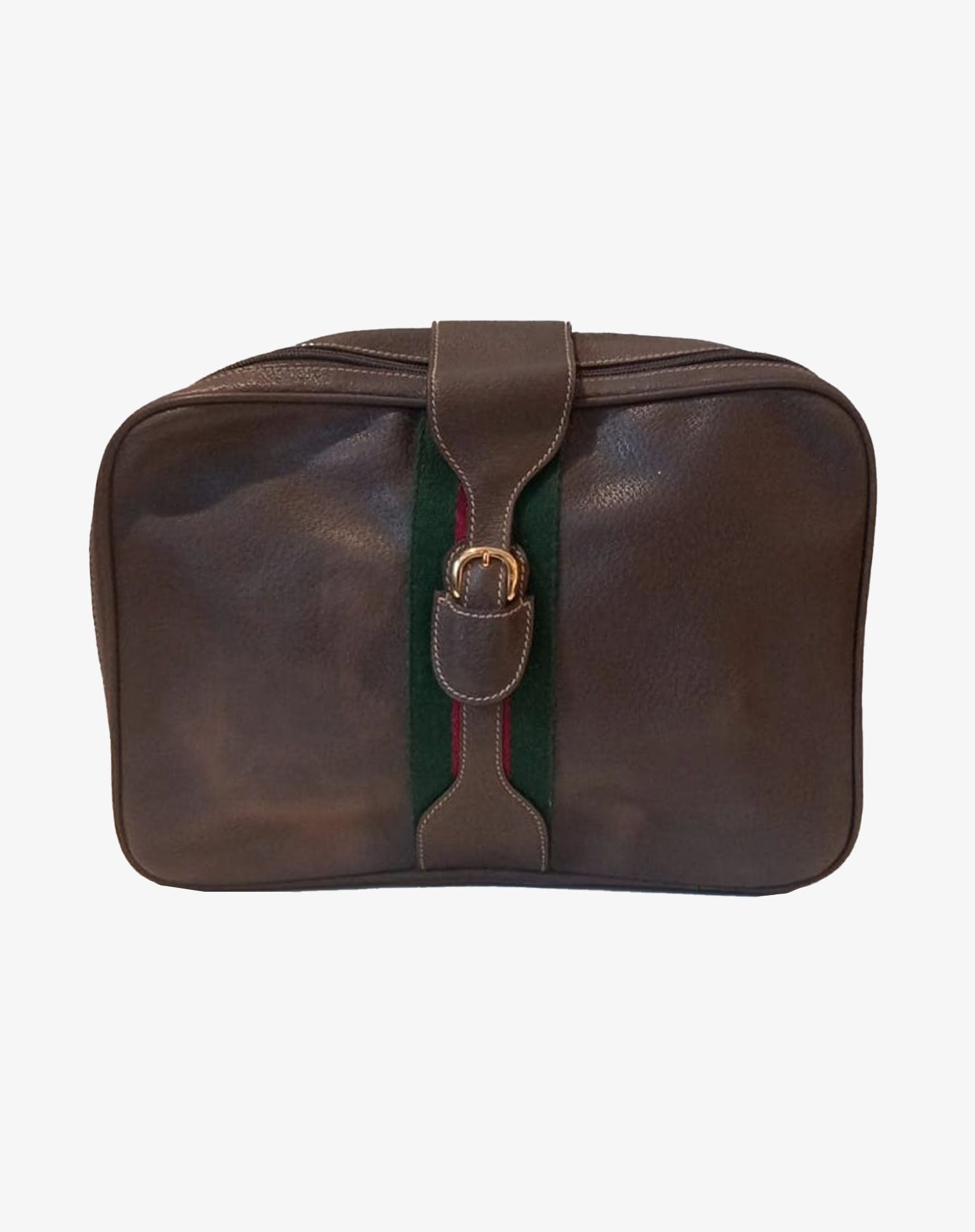 Gucci Vintage Travel Toiletry Bag Brown Leather Web Stripe 80s Beauty