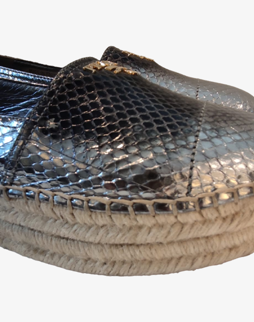 Espadrillas Prada Slip-On in pelle metallizzata argento stampata pitone taglia 39 collezione 2017/2019