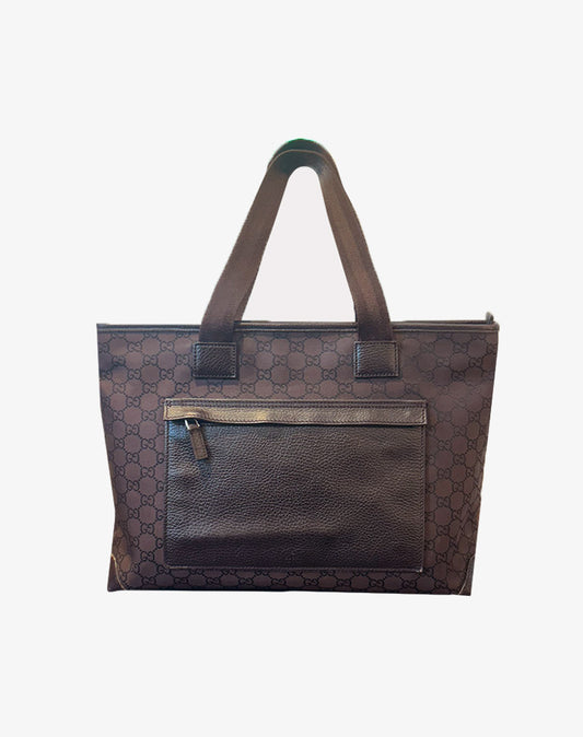 Borsa Gucci Tote Bag in tela monogram GG con finiture in pelle marrone