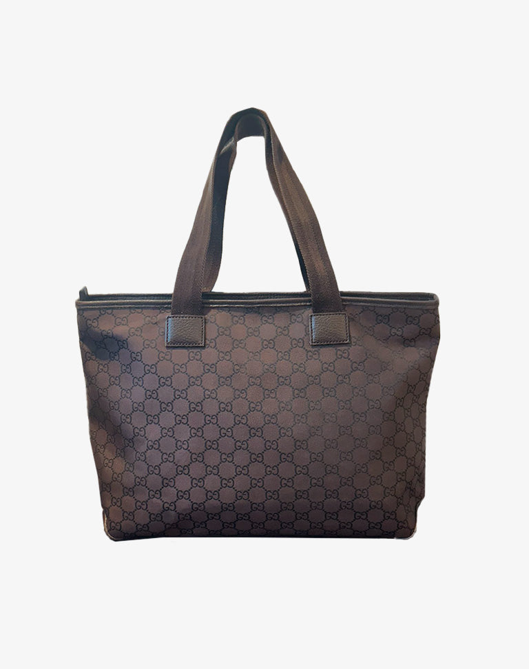 Borsa Gucci Tote Bag in tela monogram GG con finiture in pelle marrone