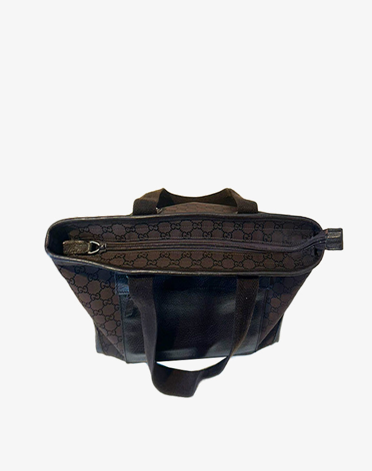 Borsa Gucci Tote Bag in tela monogram GG con finiture in pelle marrone