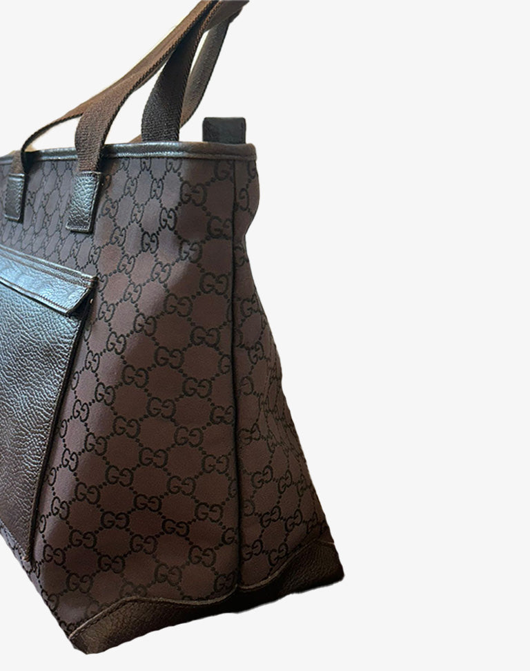 Borsa Gucci Tote Bag in tela monogram GG con finiture in pelle marrone