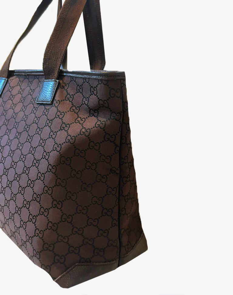 Borsa Gucci Tote Bag in tela monogram GG con finiture in pelle marrone