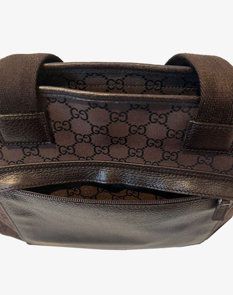 Borsa Gucci Tote Bag in tela monogram GG con finiture in pelle marrone