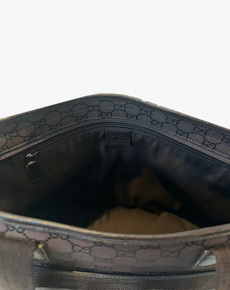Borsa Gucci Tote Bag in tela monogram GG con finiture in pelle marrone