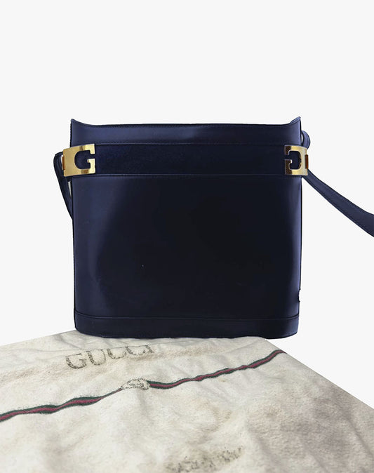 Borsa Gucci Vintage in Pelle blu con Logo GG Oro Originale Made in Italy anni 90/00