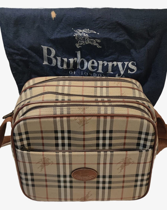 Borsa Burberrys vintage a tracolla check beige con triplo scomparto anni ’90