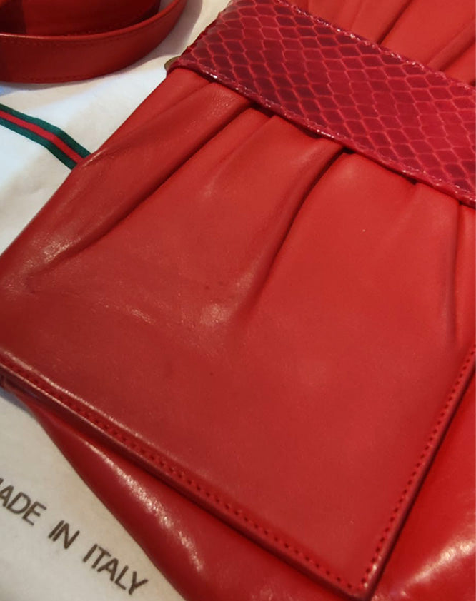Gucci Borsa Clutch con Tracolla Rossa in Nappa con dettaglio Pitone Vintage Anni 90/00