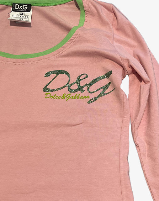 D&G Dolce & Gabbana Maglia Rosa Logo Glitter anni 2000