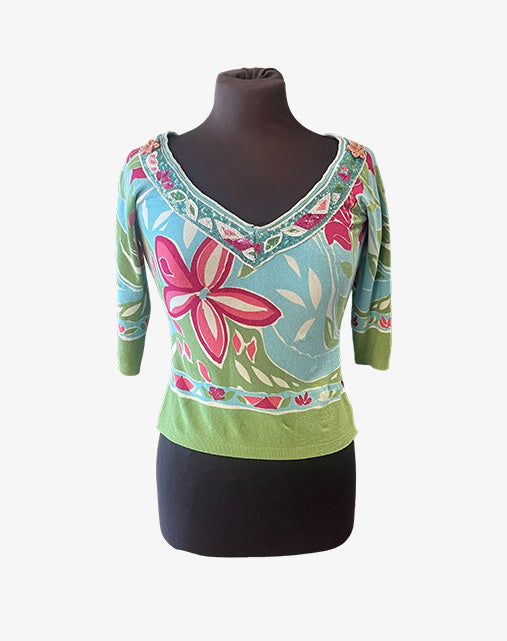 Blumarine Anna Molinari Top Floreale Y2K Made in Italy Paillettes anni 2000