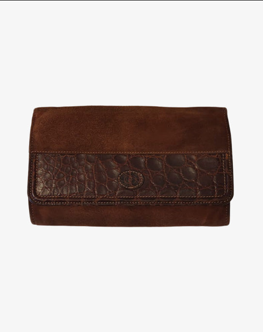 Portafoglio Gucci Vintage in pelle scamosciata marrone con inserto stampa cocco