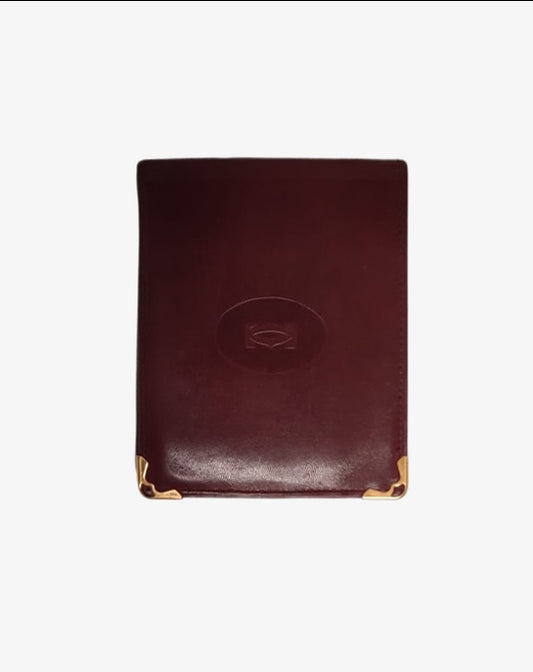 Cartier portafoglio vintage in pelle bordeaux con angoli dorati anni '80/'90