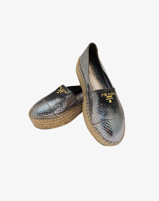 Espadrillas Prada Slip-On in pelle metallizzata argento stampata pitone taglia 39 '2020