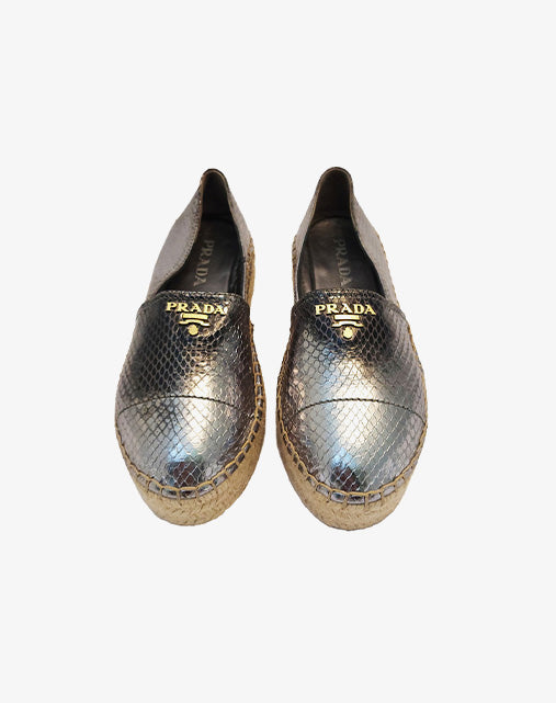 Espadrillas Prada Slip-On in pelle metallizzata argento stampata pitone taglia 39 '2020