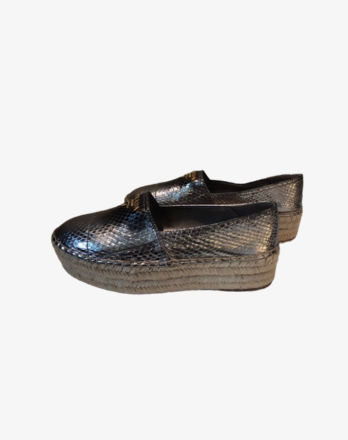 Espadrillas Prada Slip-On in pelle metallizzata argento stampata pitone taglia 39 collezione 2017/2019