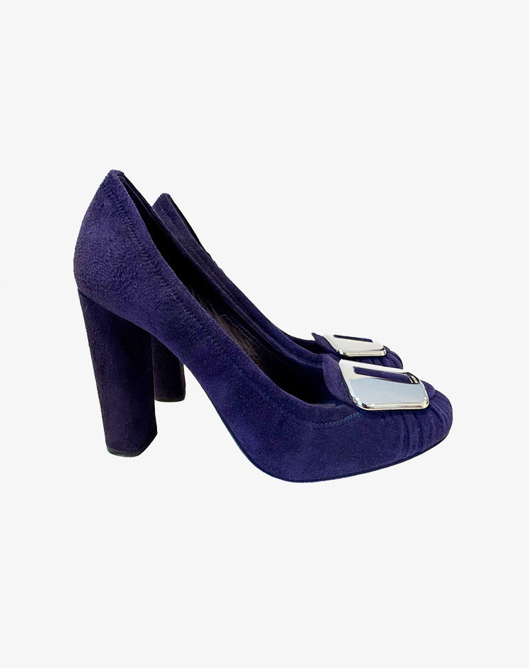 Scarpe Donna Prada Taglia 37 in Camoscio Viola con Placca Dorata