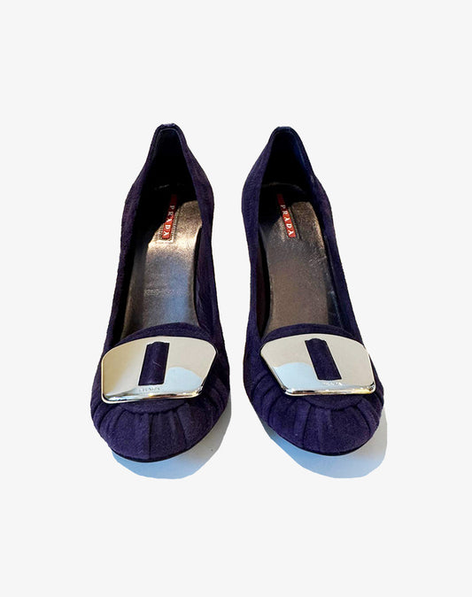 Scarpe Donna Prada Taglia 37 in Camoscio Viola con Placca Dorata