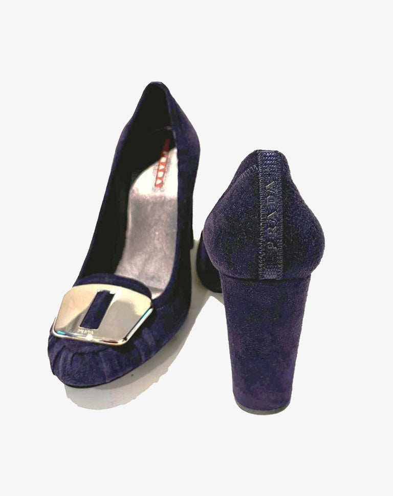 Scarpe Donna Prada Taglia 37 in Camoscio Viola con Placca Dorata