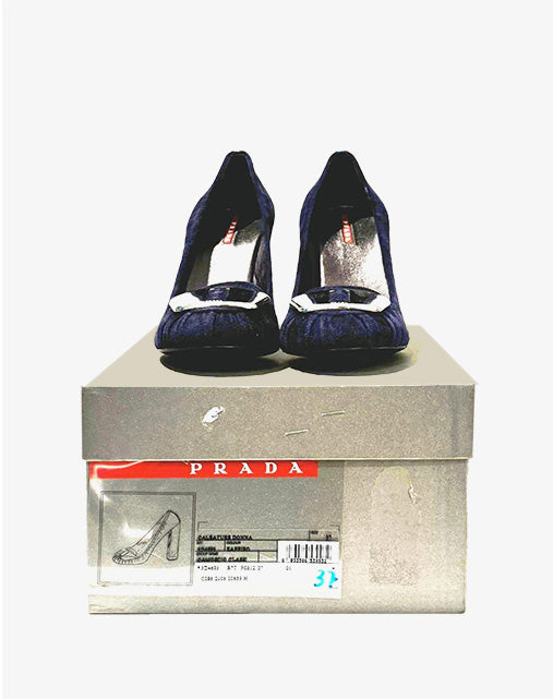 Scarpe Donna Prada Taglia 37 in Camoscio Viola con Placca Dorata