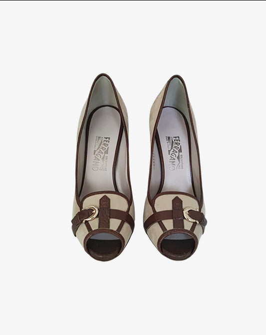 Salvatore Ferragamo décolleté peep toe beige e marrone in suede e pelle – taglia 39