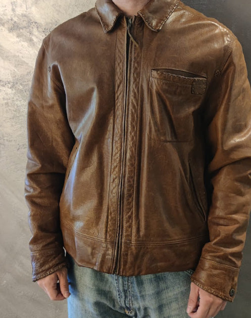 Giacca Uomo Timberland Authentics in Pelle Cognac Heritage Leather Jacket  Anni 2000 – Taglia M