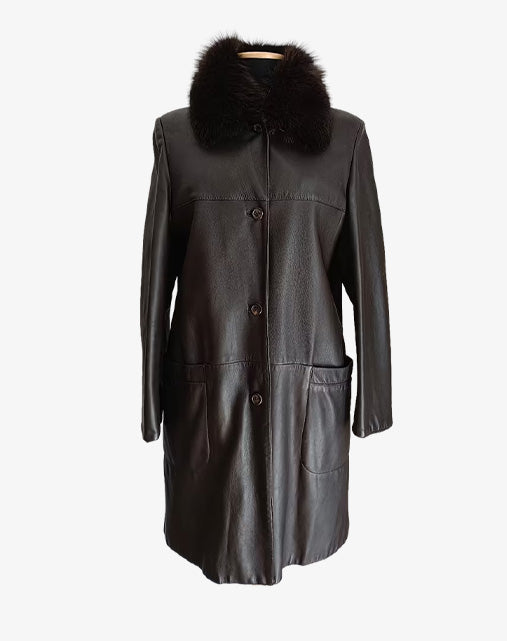 Aquascutum London Cappotto Vintage Donna in Vera Pelle con Collo in Pelliccia Removibile