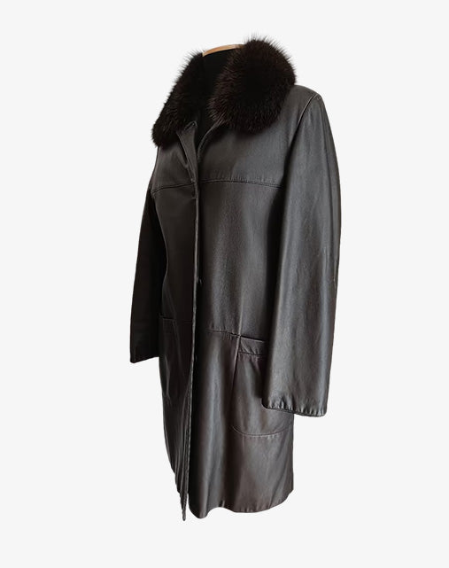 Aquascutum London Cappotto Vintage Donna in Vera Pelle con Collo in Pelliccia Removibile