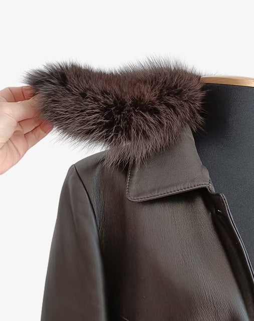 Aquascutum London Cappotto Vintage Donna in Vera Pelle con Collo in Pelliccia Removibile