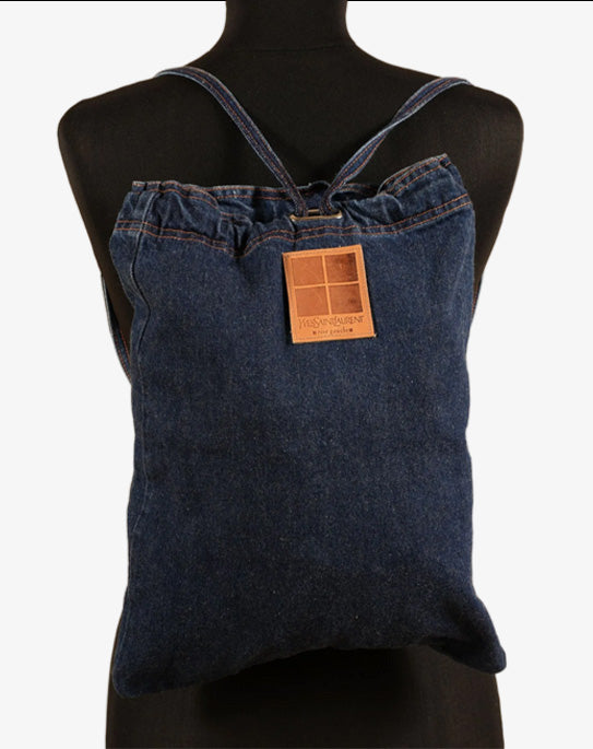 Yves Saint Laurent Rive Gauche zaino-sacca vintage in denim scuro con etichetta in cuoio anni '90